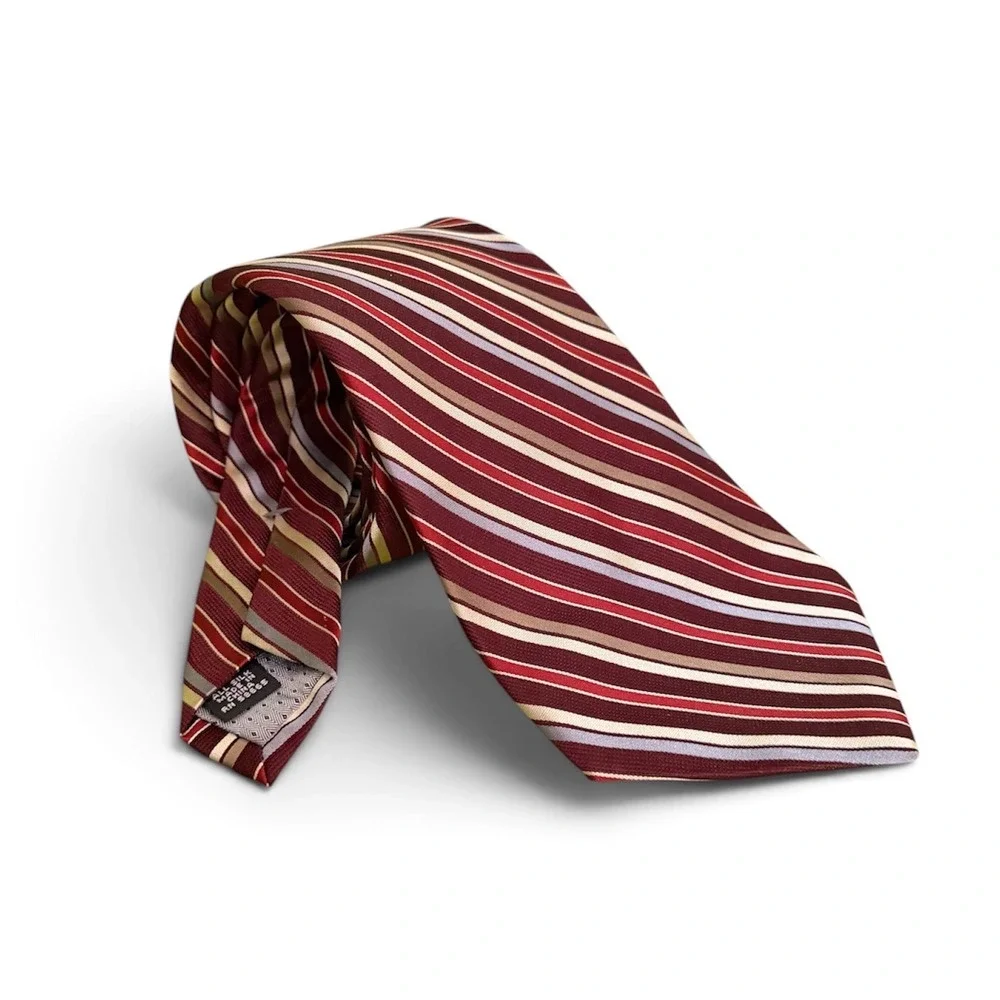 Insignia Mens Silk Necktie Burgundy Red Tan Blue Striped Formal Business Tie